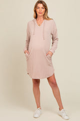 Beige Ribbed Hoodie Maternity Dress