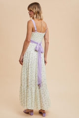 Lavender Floral Contrast Sash Tie Maxi Dress