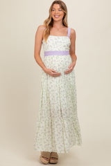 Lavender Floral Contrast Sash Tie Maternity Maxi Dress