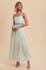 Blue Floral Contrast Sash Tie Maxi Dress