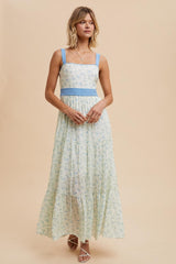 Blue Floral Contrast Sash Tie Maxi Dress