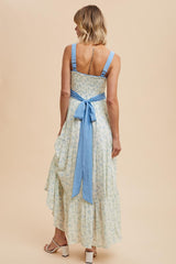 Blue Floral Contrast Sash Tie Maxi Dress