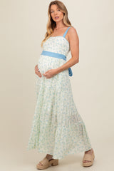 Blue Floral Contrast Sash Tie Maternity Maxi Dress