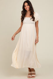 Cream Smocked Puff Sleeve Maxi Dress