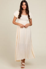 Cream Smocked Puff Sleeve Maxi Dress