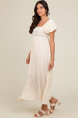 Cream Smocked Puff Sleeve Maxi Dress