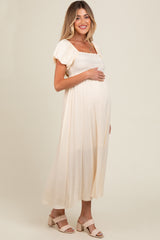 Cream Smocked Puff Sleeve Maternity Maxi Dress