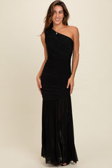 Black Ruched Mesh One Shoulder Maternity Maxi Dress