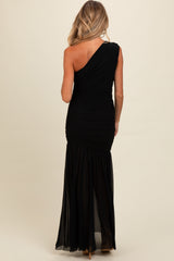 Black Ruched Mesh One Shoulder Maternity Maxi Dress