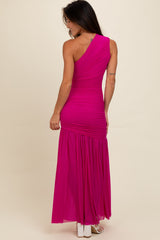 Magenta Ruched Mesh One Shoulder Maxi Dress