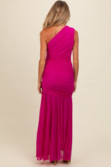 Magenta Ruched Mesh One Shoulder Maternity Maxi Dress