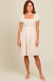 Cream Linen Smocked Puff Sleeve Dress