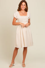 Cream Linen Smocked Puff Sleeve Dress