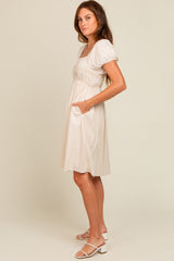 Cream Linen Smocked Puff Sleeve Dress