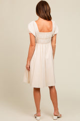 Cream Linen Smocked Puff Sleeve Dress