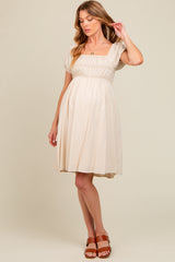 Cream Linen Smocked Puff Sleeve Maternity Dress