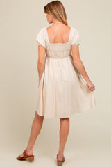 Cream Linen Smocked Puff Sleeve Maternity Dress