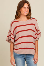 Rust Striped Ruffle Sleeve Knit Top