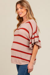 Rust Striped Ruffle Sleeve Knit Maternity Top