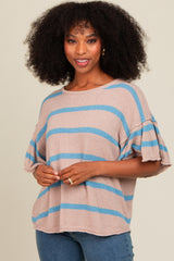 Blue Striped Ruffle Sleeve Knit Top