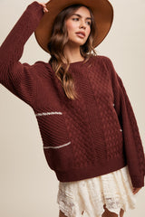 Brown Striped Mixed Cable Knit Maternity Sweater