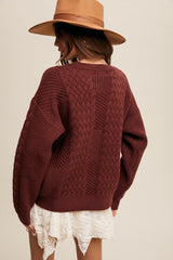 Brown Striped Mixed Cable Knit Sweater