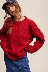 Red Striped Mixed Cable Knit Sweater