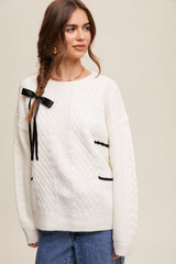 Ivory Striped Mixed Cable Knit Maternity Sweater