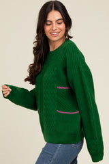 Green Striped Mixed Cable Knit Sweater