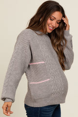 Heather Grey Striped Mixed Cable Knit Maternity Sweater