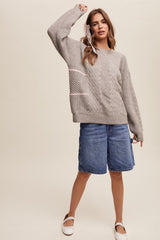 Heather Grey Striped Mixed Cable Knit Sweater