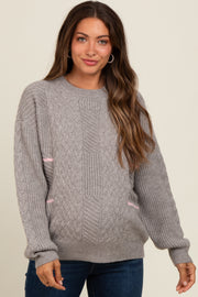 Heather Grey Striped Mixed Cable Knit Maternity Sweater