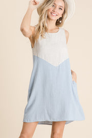 Blue Solid Linen Colorblock A Line Dress