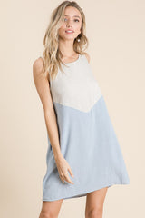 Blue Solid Linen Colorblock A Line Dress