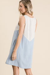 Blue Solid Linen Colorblock A Line Dress