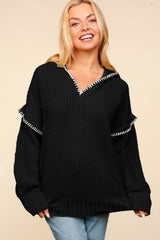 Black Contrast Stitch Hooded Maternity Sweater