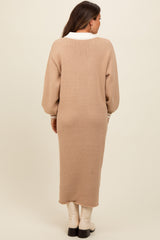 Light Taupe Waffle Knit Polo Sweater Dress