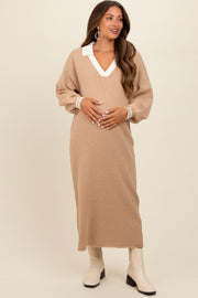 Light Taupe Waffle Knit Polo Sweater Dress