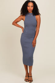 Blue Ribbed Knit Mock Neck Fitted Dress