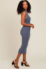 Blue Ribbed Knit Mock Neck Fitted Dress