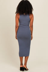 Blue Ribbed Knit Mock Neck Fitted Dress