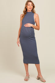 Blue Ribbed Knit Mock Neck Fitted Maternity Dress