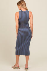 Blue Ribbed Knit Mock Neck Fitted Maternity Dress