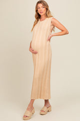 Cream Ribbed Knit Sleeveless Maternity Dress