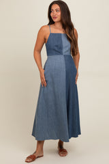 Blue Contrast Denim Maternity Maxi Dress