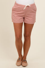 Pink Checker Plaid Drawstring Maternity Shorts