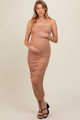 Mocha Embellished Mesh Strapless Ruched Maternity Dress