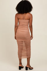 Mocha Embellished Mesh Strapless Ruched Dress