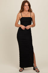 Black Ruffle Detail Side Slit Maxi Dress