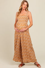 Yellow Printed Smocked Wide Leg Maternity Jumpsuit